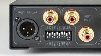 Hegel V10 Phono Preamp Rear with DIP Switches