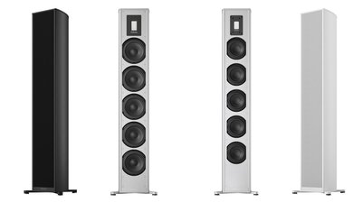 The Piega Premium Wireless Gen 2 floorstanding speakers with and without cover: 701 (l.) and 501 (r.) 