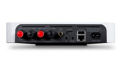 The rear, showing the cable-based connections, of the new Powernode Edge from Bluesound 