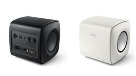 KEF Subwoofer KC62 in White and Black, from the Front and the Back. 