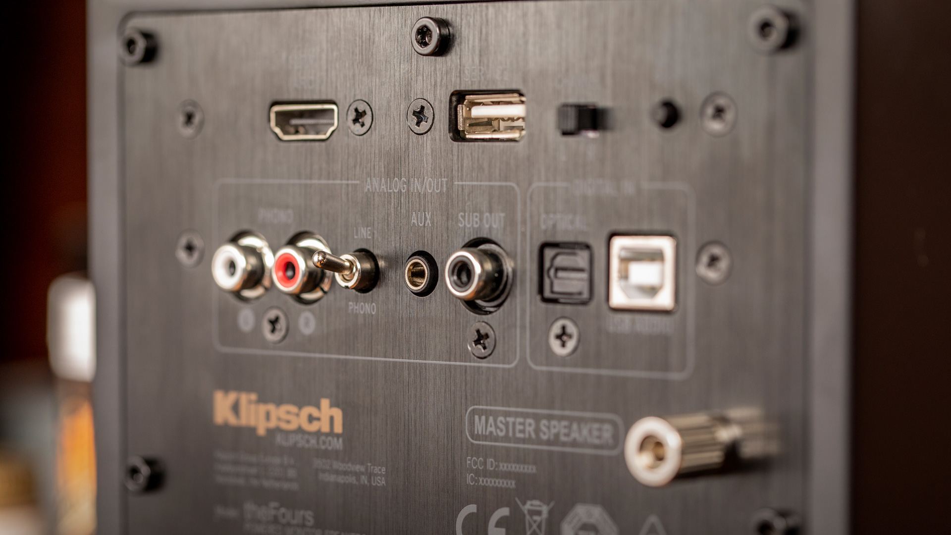 Back of Klipsch the Fives primary speaker, featuring true connectivity with multiple inputs