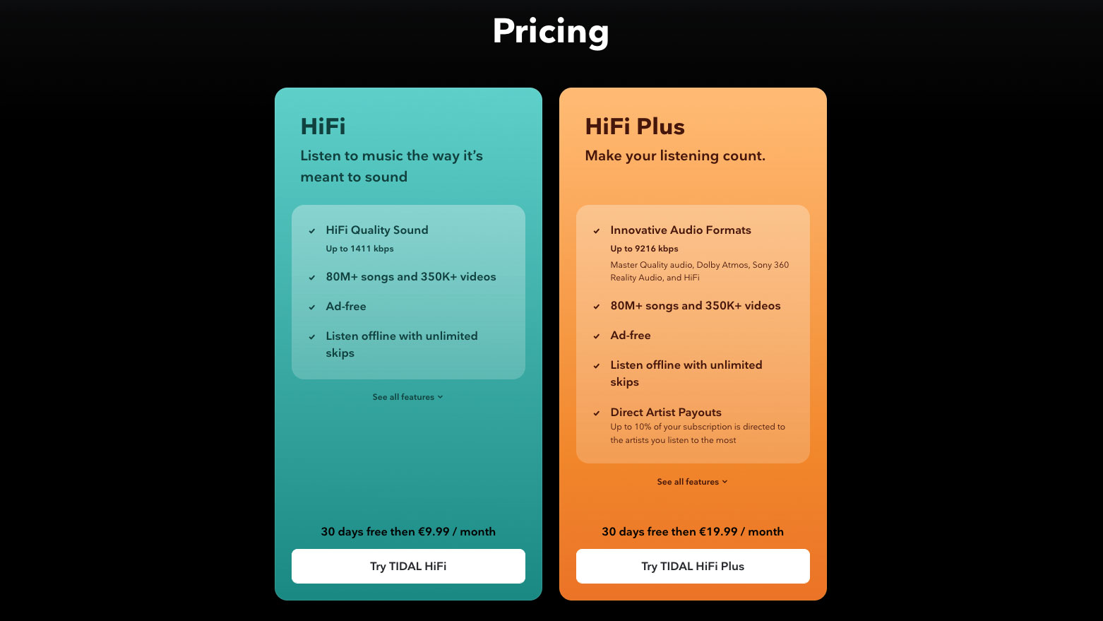 A Comparison of the new Tidal Subscription Plans (Screenshot from https://tidal.com/pricing)