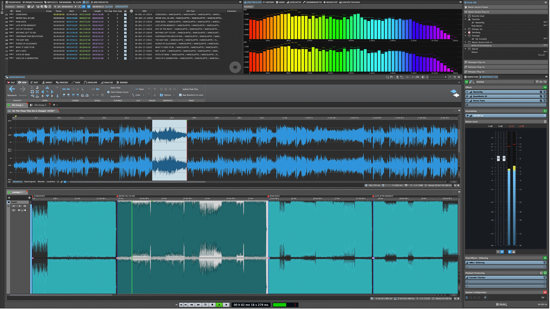 Wavelab 10 with Spectral- and Wave-window and Master-Tool (Screenshot: Steinberg)