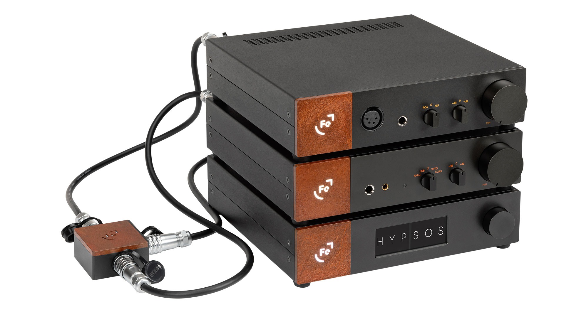 The Ferrum Power Splitter (left) on the PSU Hypsos (lowest) and two other devices. (Image Credit: Ferrum)