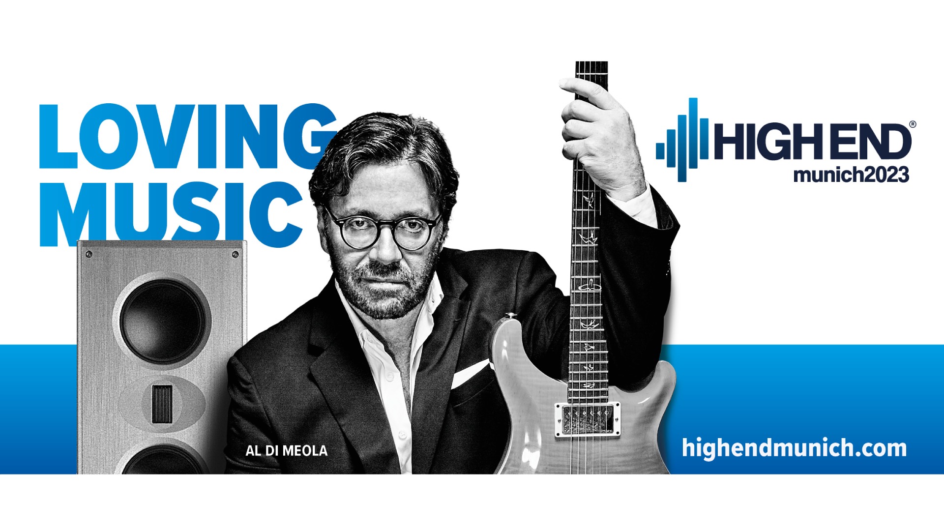 Al Di Meola and his guitar posing for the High End Munich. (Image Credit: High End Society)